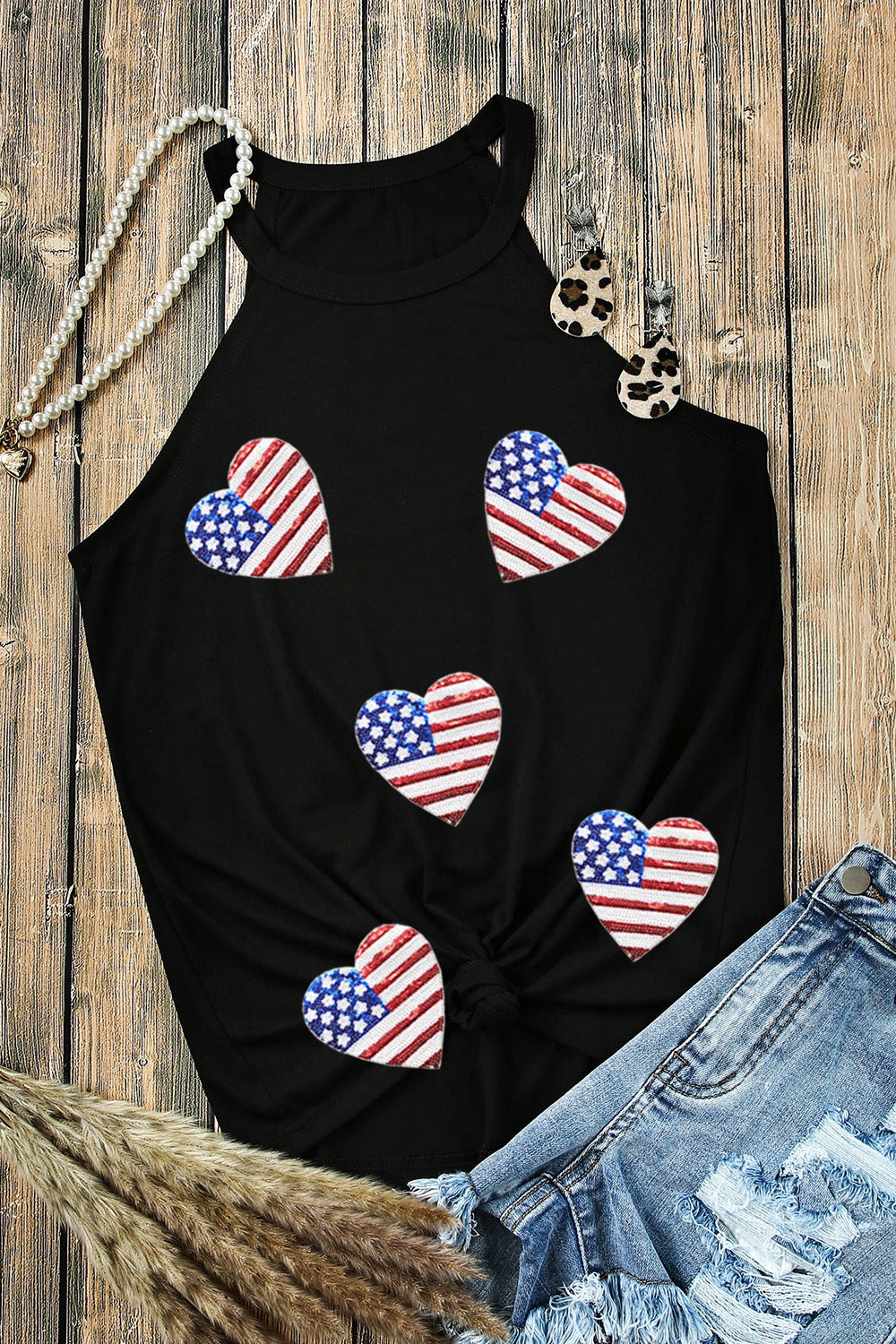 Heart US Flag Round Neck Grecian Neck Tank Heart US Flag Round Neck Grecian Neck Tank